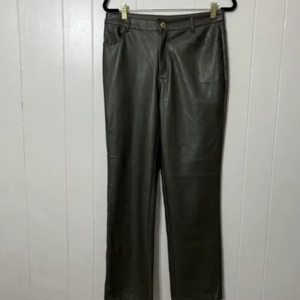 Marc New York Womens Faux Leather Pants Olive Green Straight Leg 6 High Rise NWT